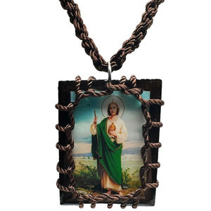 Large St Jude Scapular Necklace Knotted Rope Brown Wood Charm Handmade NEW